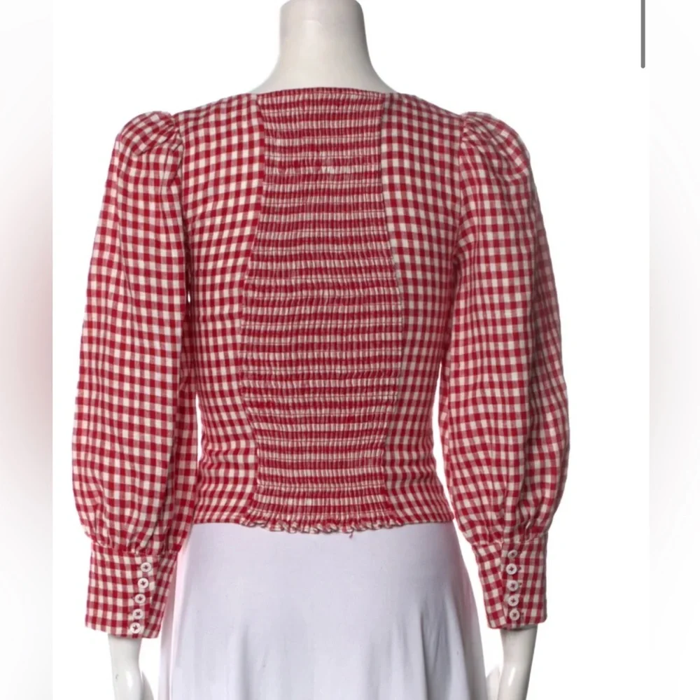 Reformation Red Gingham Puff-Sleeve Square-Neck linen Top